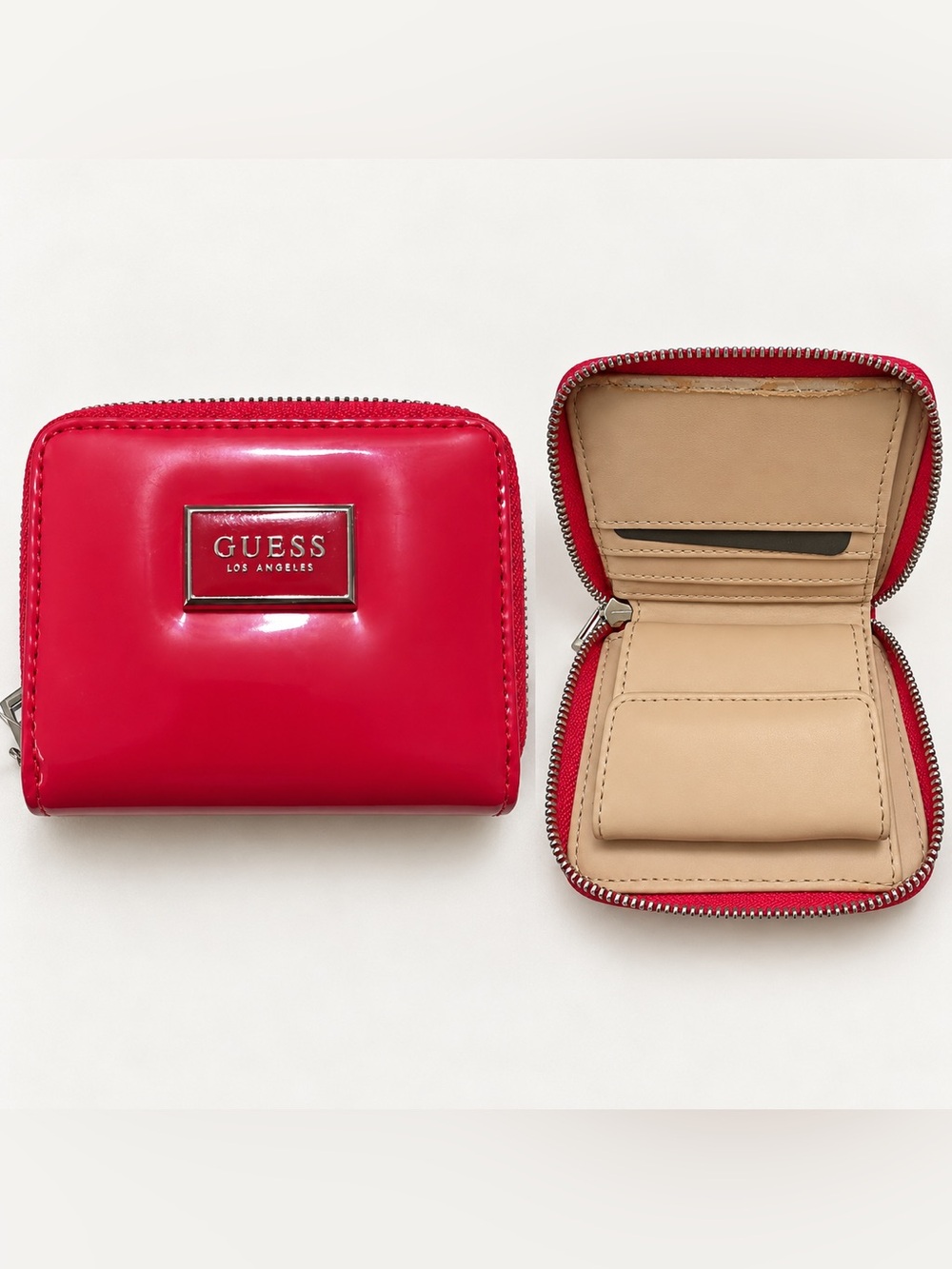 Bright pink GUESS mini wallet with a glossy finish, silver-tone logo plaque, New